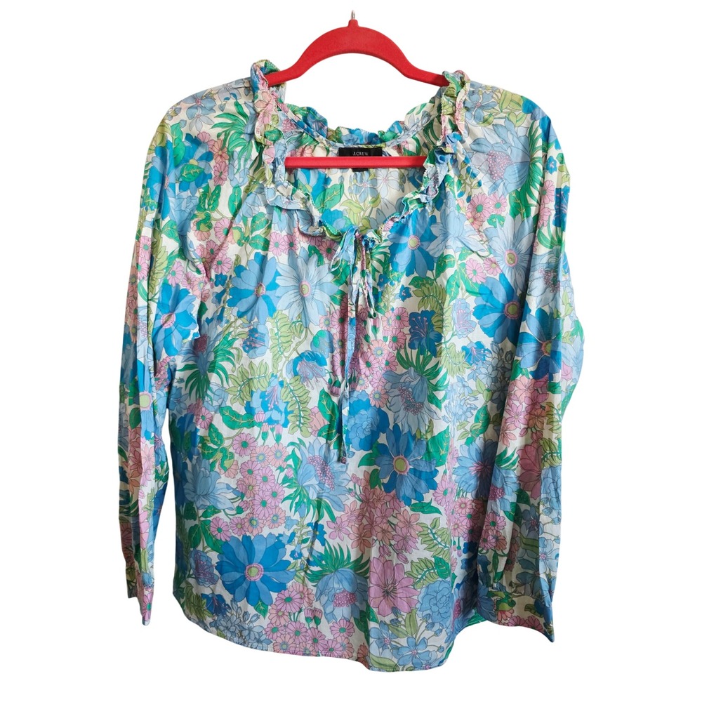 J. Crew Floral Ruffle-Tie Blouse in Blue, Pink, Green